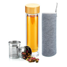 Botella de agua de vidrio de borosilicato con infusor de té de 450 ml con tapa de bambú
